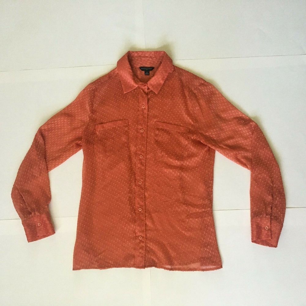 Banana Republic Women's M Sheer Orange Long Sleeve Button Up Pockets Textured